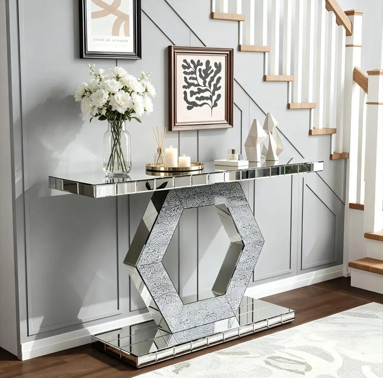 Sparkling Crystal Hexagon Mirror Entryway Console Table - Premium Modern Foyer with Diamond Glass Effects Dual-Tier Luxury Sofa Table 55L x 14.17W x 31.5H summervibes, Entryway Table, Console Table Entryway