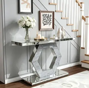 Sparkling Crystal Hexagon Mirror Entryway Console Table - Premium Modern Foyer with Diamond Glass Effects Dual-Tier Luxury Sofa Table 55L x 14.17W x 31.5H summervibes, Entryway Table, Console Table Entryway