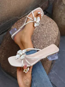 Women's Floral Slip-On Sandals, Pearl Flower Decor, Thin Strap Square Toe Design, Transparent Chunky Heel Comfortable Walk, Summer Commute & Date