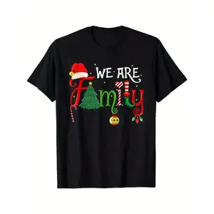 1 pcs, 100% Cotton, We Are Family Christmas Tree Santa Claus Hat Christmas Elf Walking Stick Pattern Letter Printed T-Shirt, Seasonal Casual New Wave T-Shirt, Crew Neck High Street Cotton Short Sleeve T-Shirt, Thanksgiving Gift Graphic Crewneck