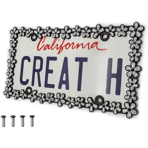 3D Shining Daisy Wrenth License Plate Frame from Pure Zinc Alloy Metal Perfect Plate Holder,Matt Black with Silver Glitter