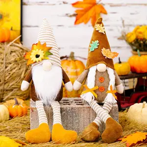 Set of 2 Fall Thanksgiving Gnome Plush Dolls | Autumn Leaf Faceless Tomte Elf Decor for Harvest Home Ornaments