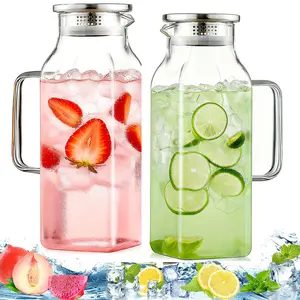68oz Set of 2 Glass Pitcher with Lid |  Leak Proof Bottles | Cozy Home Essentials Canister | Microwave & Dishwasher Safe Pitcher | Sun & Iced Tea, Cold Brew Coffee & More Household Bottles