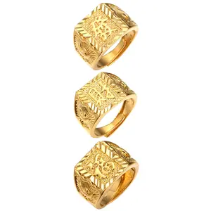 OIDEA Men's Lucky Prosperity Signet Rings, 4-Piece Adjustable Gold-Tone Brass Set, Father's Day Gift Ideas for Grandfathers