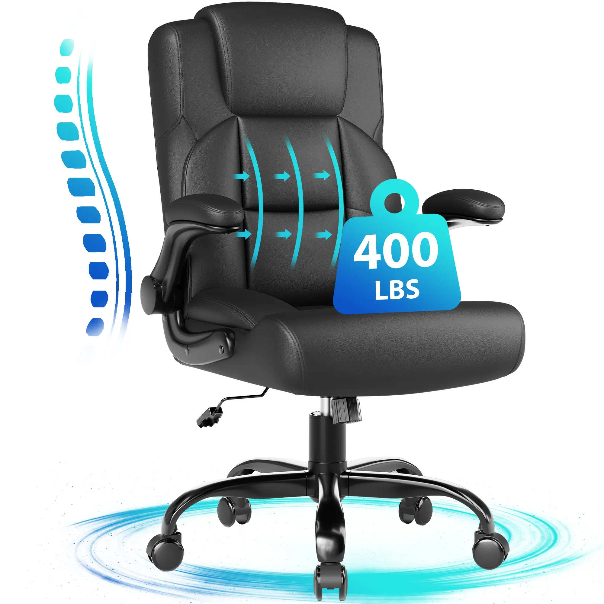 JONPONY Sturdy Leather Office Swivel Desk Chair - Big & Tall 400LBS Wide Seat, Adjustable Reclining Angle, Ergonomic High Backrest, Lumbar Support, Flip-Up Feature, Steel Frame, Assembly Required, 1-Year Warranty, Black, 1 x Brand New Chair, Ergonomic Bac