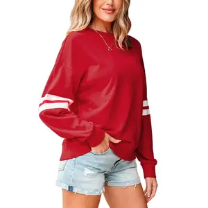 Shewin 2026 Spring Cozy Oversized Contrast Stripe Crewneck Sweatshirt Women's Long Sleeve Pullover Comfy Layering for Casual Daily Looks Soft Durable Material - Womenswear
