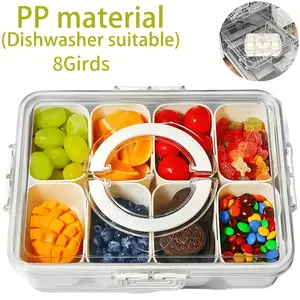 8-Compartment Clear Plastic Tray with Lid and Handle - Reusable snack organizer for fruits, nuts, cold meats, and vegetables -  snack tray, perfect for parties, picnics, and family use; a picnic essential | Modern Tray | Durable Plastic