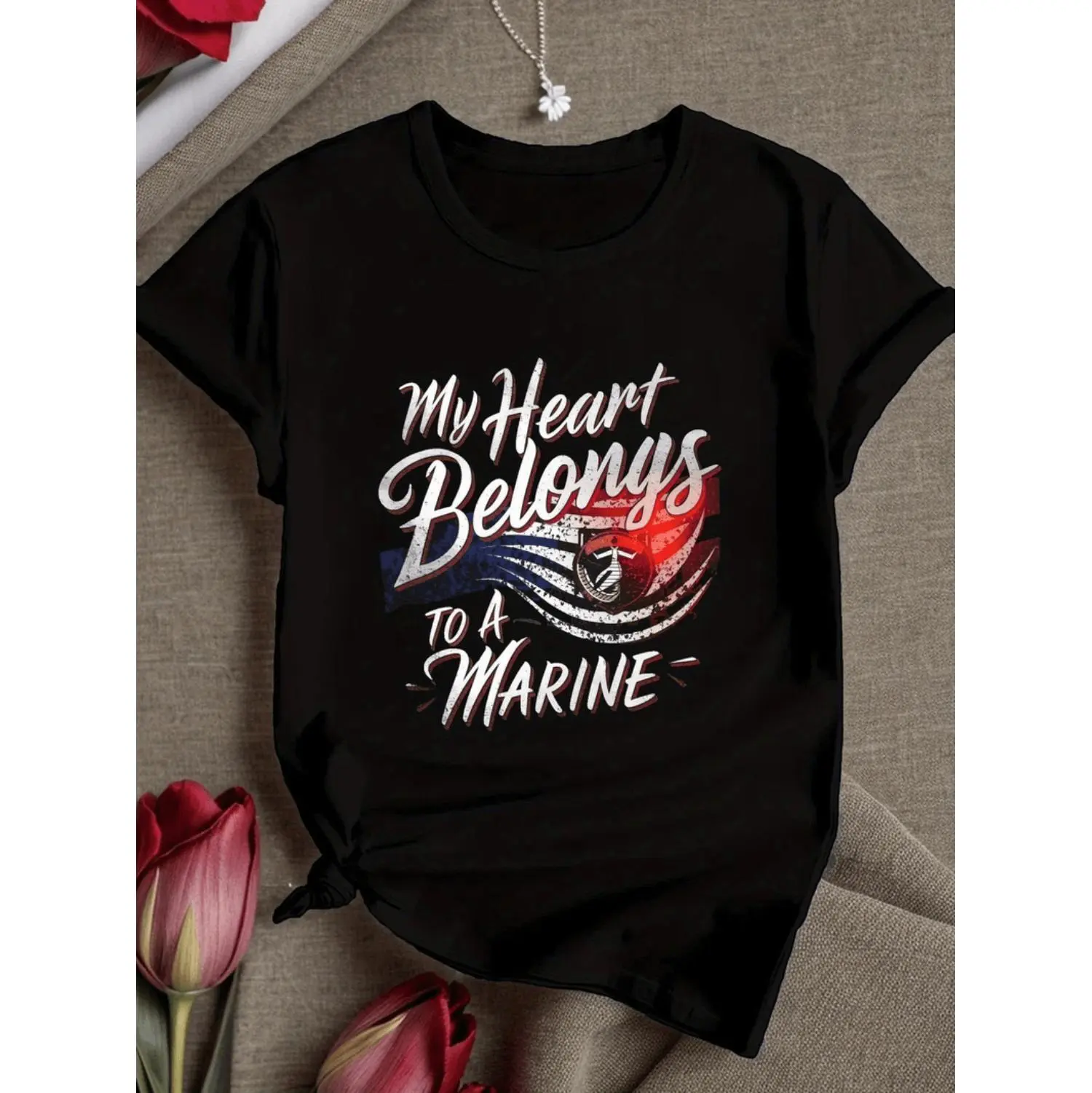 100% Cotton Golf Gift T-Shirt For Men and Women My Heart Belongs To A Marine Soft Casual Fit Graphic Tee With Patriotic Design For Women