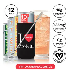 Drink Vuum Sparkling Protein Drink Variety Pack 12-Pack + Koozie & Straw Bundle