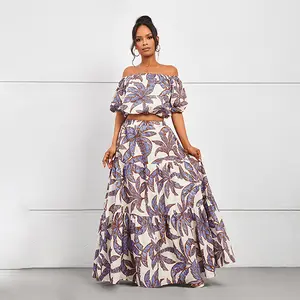 Petal Off Shoulder Two-Piece Set with Floral Print Top and Skirt Ensemble