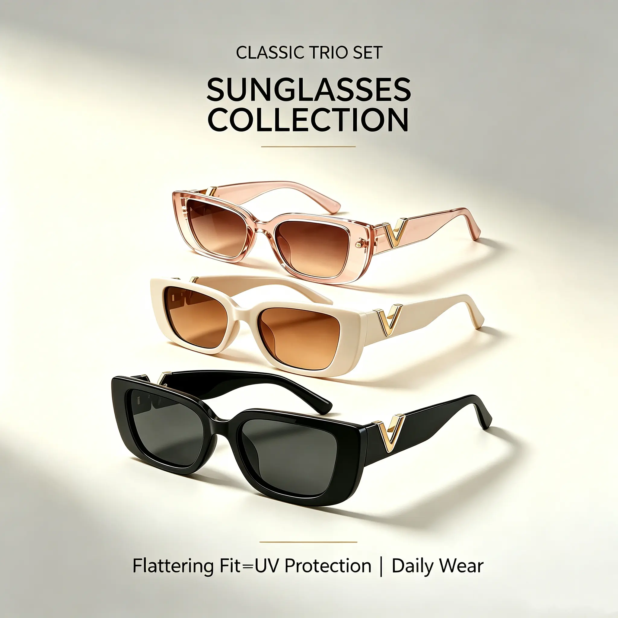 3 Pack Luxury Gold V Logo Chunky Rectangle Sunglasses Men Women UV400 Vintage Square Face Slimming Shades