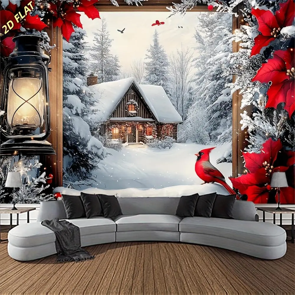 2D Flat - 2D Flat - 2D Flat, 1pc Winter Wonderland Window Wall Tapestry, Tranquil Backdrop, Festive Wall Hanging Decor for Living Room Gift Decoration