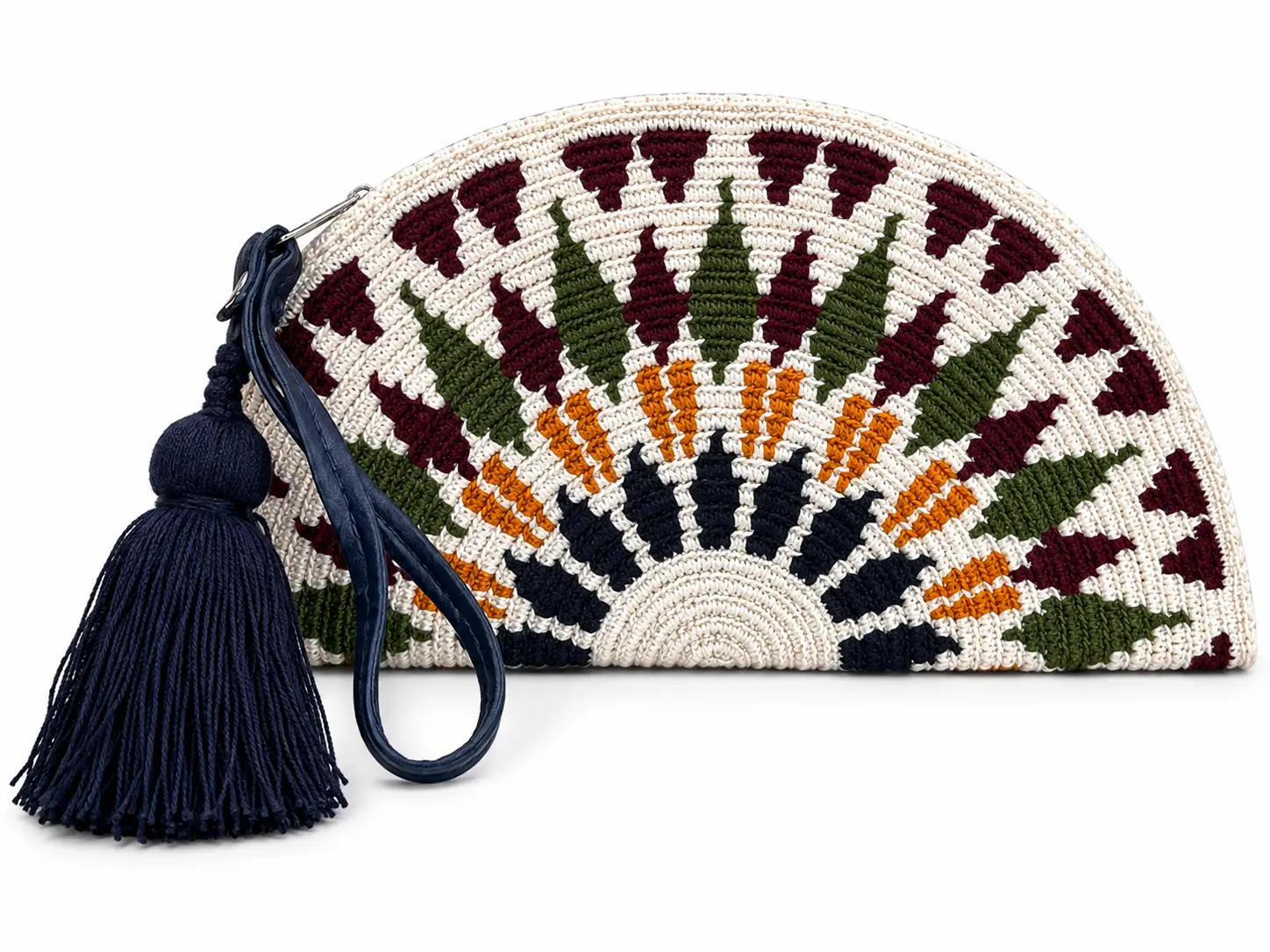 Women's Half-Moon Handwoven Crochet Clutch Bag - Artisan Crescent Clutch with Geometric Pattern, Decorative Tassel Strap, Acrylic Fiber Textile Weave, Matching Wristlet for Going Out Bohemian Casual Purse