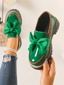 Women's Bow Loafers, Spring Fall Casual PU Leather Shoes, Solid Color Pattern, Below Ankle Height, Comfortable and Stylish