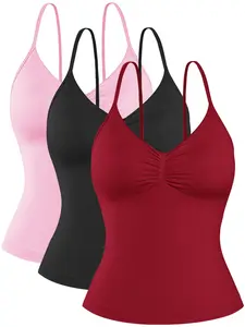 Women's Solid Removable Chest Pad Sports Cami Top, Casual Spaghetti Strap Wireless Padded Yoga Workout Crop Top, Ladies Sportswear for Indoor Outdoor Wear