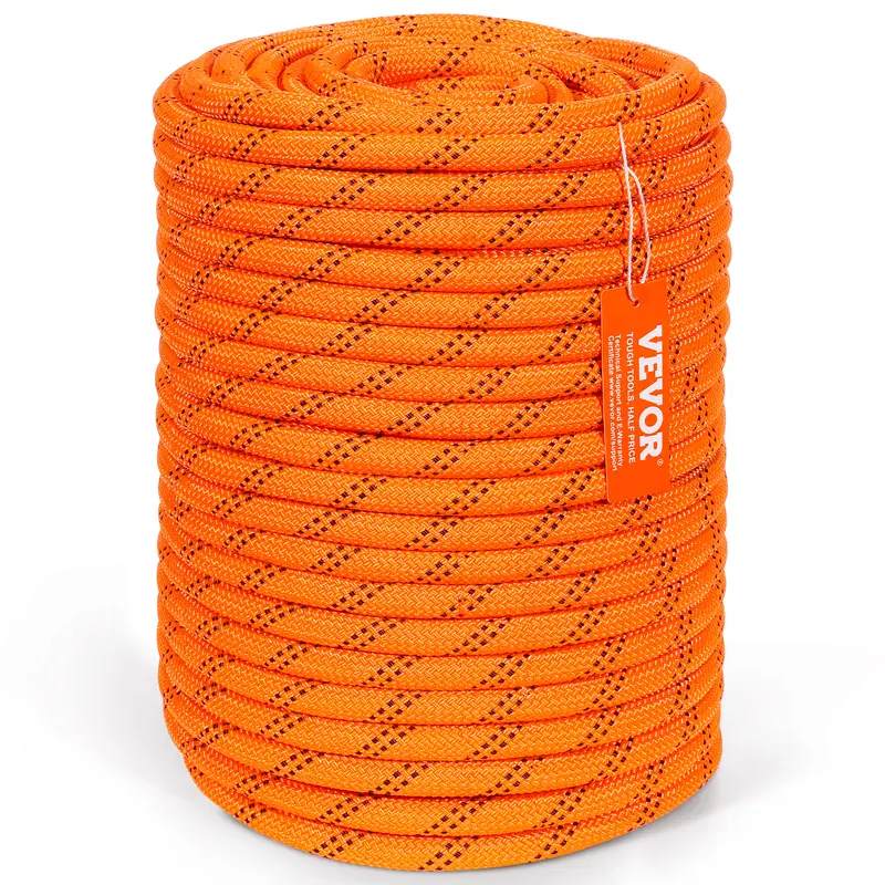 VEVOR Heavy Duty 1/2 in x 220 ft Double-Braid Polyester Rope, 48-Strand, 8000LBS Tensile Strength, Static Climbing & Synthetic Winch Rope for Camping, Orange/Black
