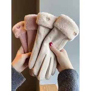 Women's Winter Warm Fleece Gloves Cute Cycling Windproof & Warm Plush Gloves for Hand Protection in Cold Weather Plain Design