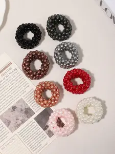 4pcs temperament elastic pearl hair ring, wide-brimmed color bead hair ring elastic rubber band binding ponytail hair wide-brimmed string pearl hair ring ball head hair Elastic hair accessory lady hair accessories