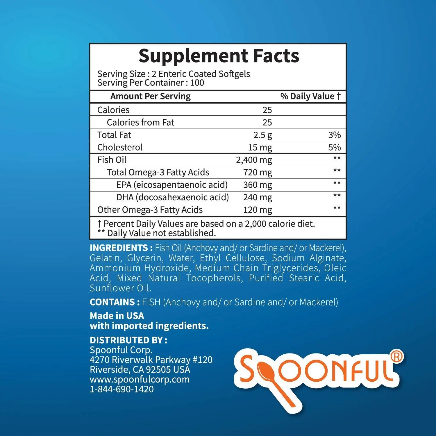 Spoonful Omega 3 Fish Oil Enteric Coated 2400mg, 200 Capsules, Burpless, Rapid Release Softgel Capsules, Made in USA, NSF-Certified