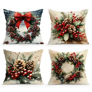 4pcs Christmas Pinecone Pattern Cushion Covers, Single-Sided Print, Home Decor for Living Room Bedroom, All-Season Pillow Cases