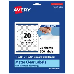 Avery Matte Clear Labels,  1-5/8" x 1-5/8" Square Scalloped