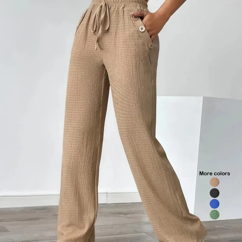 Women's Autumn Casual Drawstring Tie Texture Pocket Knit Pants, Boho Casual Pants, Comfortable Medium Fit Long Trousers for Daily Wear, Stylish Ladies' Fashion Apparel, Womenswear, Casual Basic Trousers, Casual Fashion Bottoms