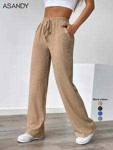 women's basic solid drawstring waist straight leg pants, regular fit casual textured pocket trousers for summer, ladies bottoms for daily wear, womenswear everyday