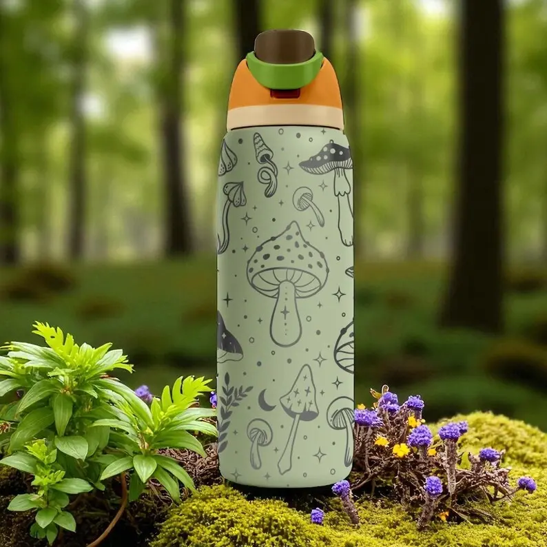 Owala FreeSip 24oz/32oz Insulated Stainless Steel Water Bottle, Mushroom Forest Print, Leakproof Straw Lid, Double Wall Vacuum Travel Bottle