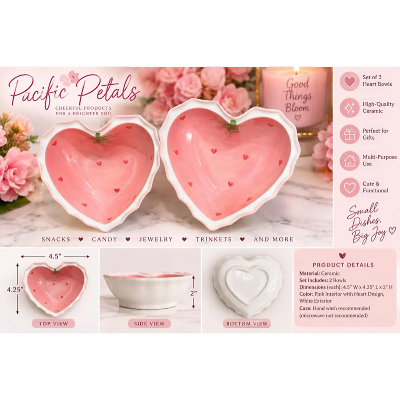 Pacific Petals Heart Shaped Ceramic Plate Bowl Set of 2 High-Quality Versatile for Snacks Candy Jewelry Trinkets and More 4.5" x 4.25" x 2"
