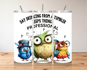 Day Drinking Owl Tumbler - 20 oz Insulated Funny Bird Design Cup with Straw
