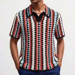 Kyn Apparel Fashionable Contrast Color Striped Knitted Polos Men Casual Hollow Out Short Sleeve Slim Polo Shirt Mens Summer Vintage Jumper