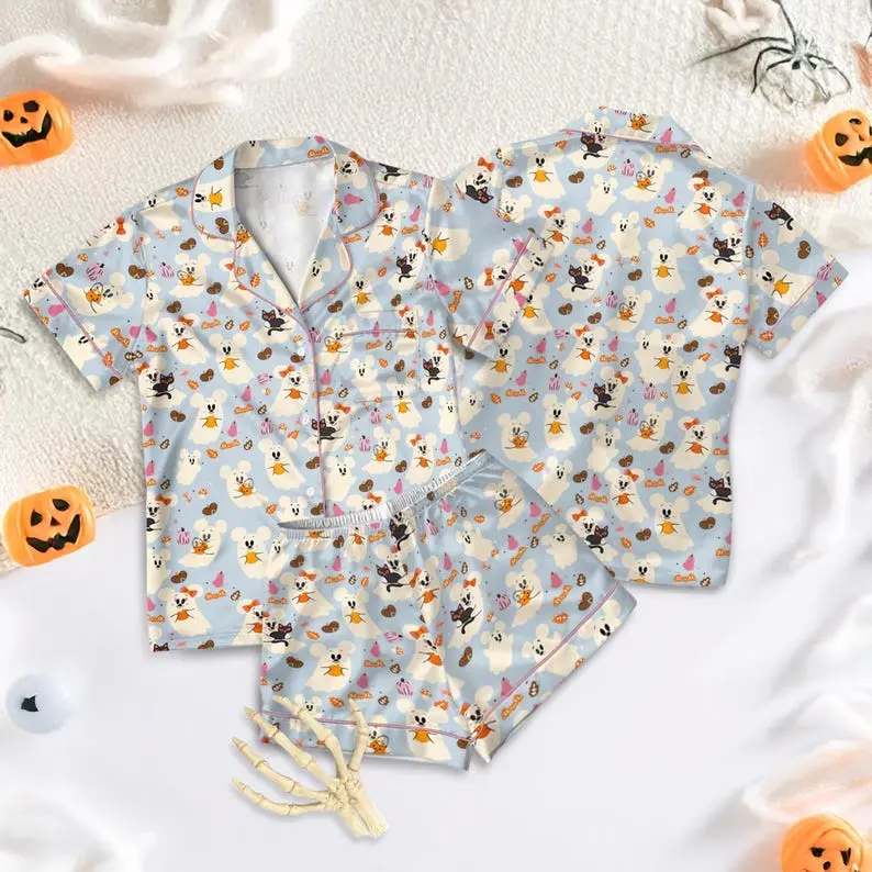 Halloween Ghost Satin Pajama Set, Pumpkin Print Sleepwear, Spooky Matching Pajamas, Fall Lounge Set for Women