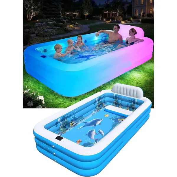 Extra Large Inflatable Pool with LED Lights, Solar Powered Blow Up Swimming Pool for Adults & Kids, Family Inflatable Backyard Pool with Seat & Backrest, Thickened Durable Kiddie Pool, 120 x 73 x 20 in