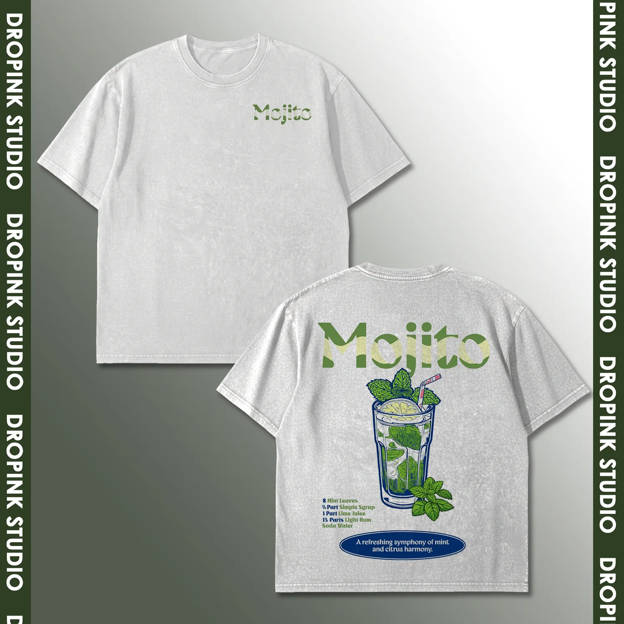 Mojito T-Shirt, Light Rum Cuban Highball Cocktail Tee, White Rum Summer Drink Merch, 8 Mint Leaves Lime Juice Simple Syrup Soda Water Recipe Graphic, Refreshing Symphony Mint Citrus Harmony, Heavyweight Vintage Off White Top, US Unisex Casual