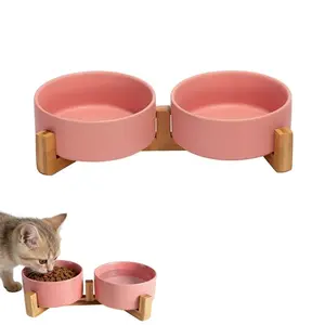 Ceramic Cat Dog Bowl Set with Stand, Dual Bowls Water Food Bowl Combo, Non-Slip Matte Glazed Heavy Pet Bowls, Suitable for Cats and Small Dogs