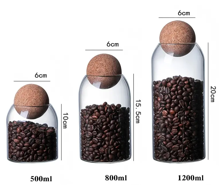 Kitchen Glass Storage Containers Set, 3-Piece Airtight Jars with Round Cork Ball Lids for Coffee Beans, Tea, Sugar