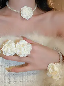 Sweet French Fabric Flower Pearl Necklace Bracelet Earrings Set for Women, Party Wedding Holiday Wear, Casual Style, All Seasons