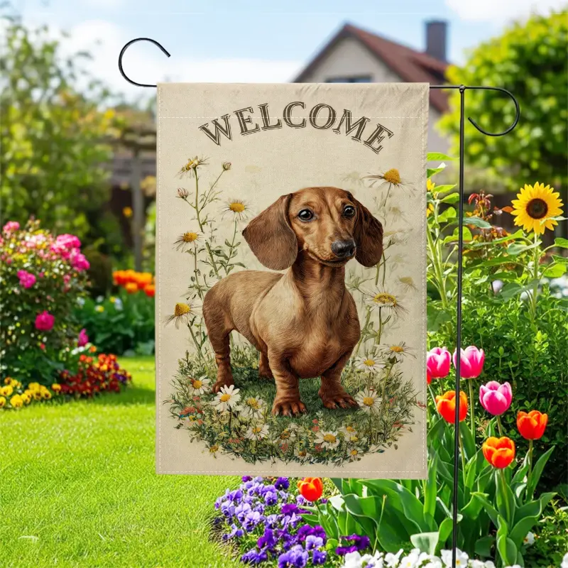 Dachshund Welcome Garden Banner Dog Garden Banner Flag 12 x18 Inches Double-Sided Flower Garden Flag Cottagecore, Home Decoration, Outdoor Courtyard Decoration Spring And Summer Courtyard Lawn Flag,Dog Lover Gift