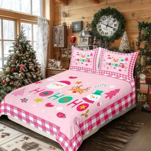 Merry Christmas Kids Duvet Cover Set,Cartoon Santa Claus Snowman Deer Bedding Set,Boys Girls Adults Room Decor,Geometric Grids Fashion Comforter Cover,Pink Xmas Quilt Cover