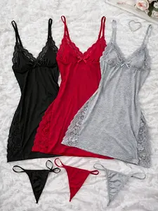 3pcs Of Women's Solid Lace Nightdress, Lace Panels, Skirt Side Slits