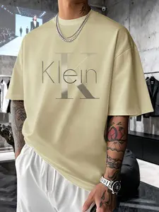 Men's Short Sleeve T-Shirt Summer Gold Embossed Klein Letter Print, Casual Loose-Fitting Long Top, All Seasons Business Fashion