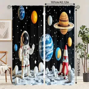 2D digital printed space planet rocket pattern curtains, children's room curtains, semi transparent polyester material, 2-piece set, suitable for living room, bedroom window decoration, home decoration, Interior decoration accessories