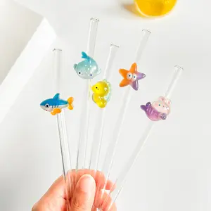 Colorful Glass Straws, Sea Snail Starfish Whale Shark Horse Shape, Durable Reusable Curved Straws for Cold Drinks Coffee Juice Parties Gifts Drinking Straw