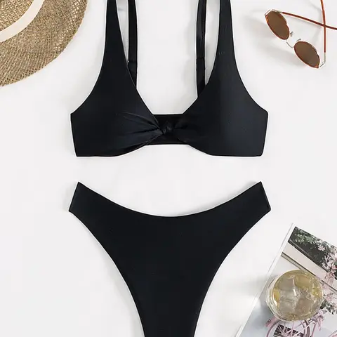 Women's Solid Bikini Set, Adjustable Strap Deep V-neck Swim Top & High Waist Swim Bottoms Set, Ladies Swimsuit Summer Swimwear for Beach Holiday Vacation, Bikini Sets, Bathing Suits, High Waisted Bikini, Bikini Swimsuit Outfit, Bikini Beachwear