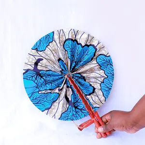 African Fabric Leather Hand Fans - Double-Sided Blue Floral Design for Cultural Decor & Functional Accessories