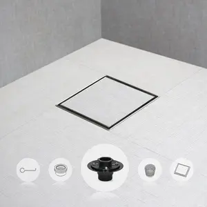 Square Shower Drain 6 inch with Shower Drain Base, Tiled Stealth and 304 Stainless Steel Brushed Chrome 2 in 1 Panels,Includes Hair Strainer and Threaded Adapter