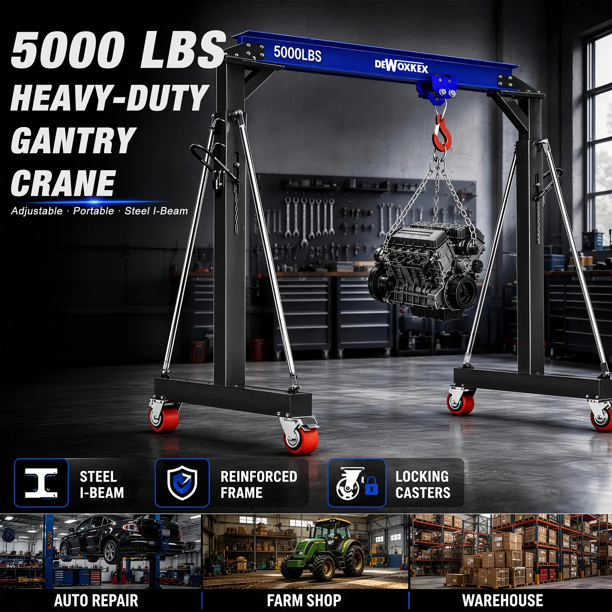 5000 Lb Adjustable Gantry Crane, 2-Ton Portable I-Beam Engine Hoist for Vehicle Repair, Workshops, Farms And Warehouses