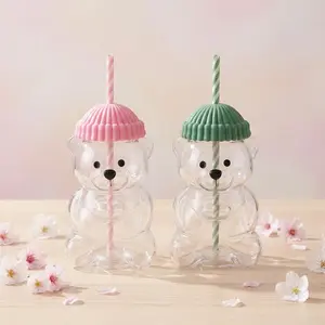 Cute Bear Shaped Glass Tumbler with Green Beanie Lid and Striped Straw - 20oz Adorable Reusable Cup for Iced Drinks
