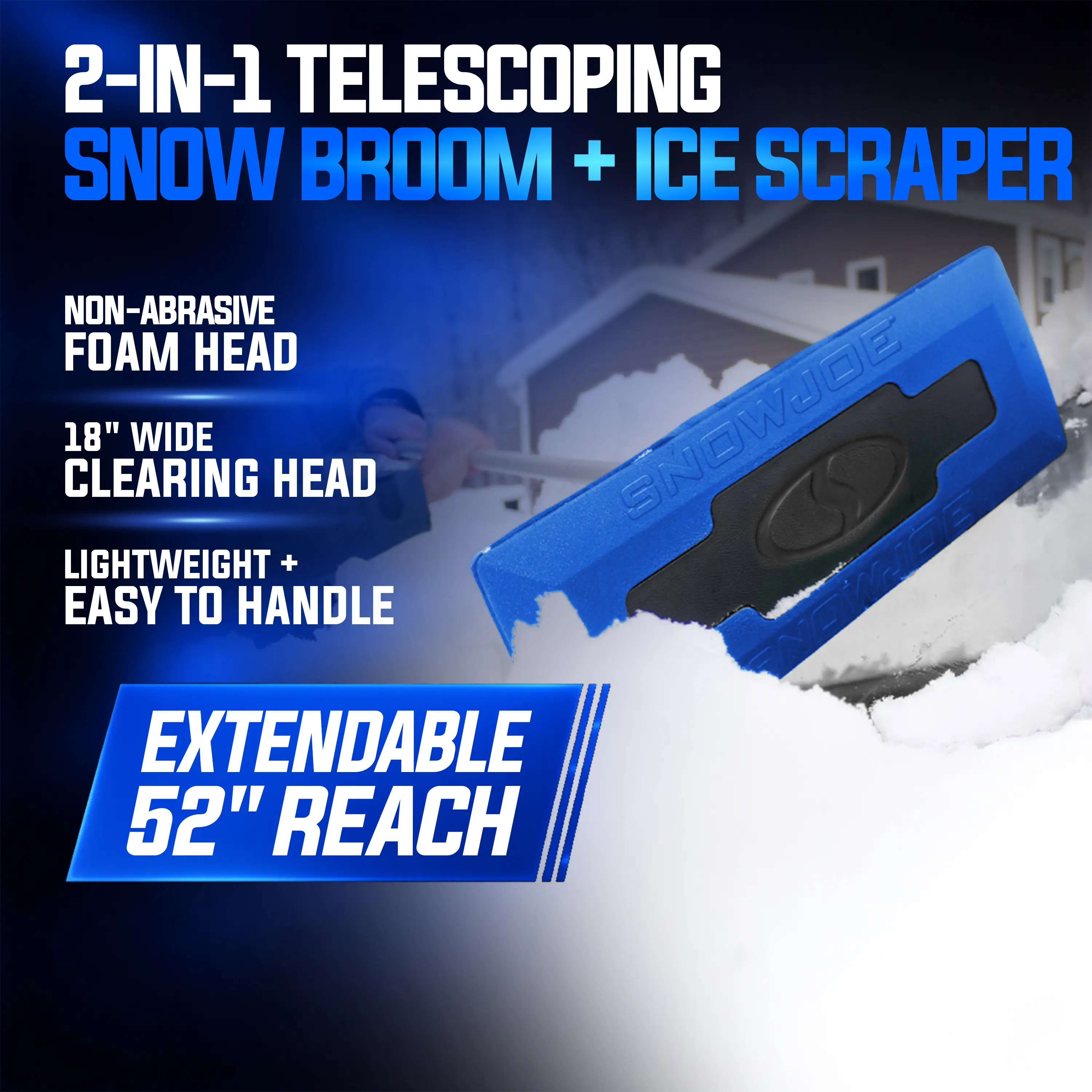 Snow Joe The Original 2-In-1 Telescoping Snow Broom + Ice Scraper | No-Scratch Foam Head, Closed Cell Foam for No Water Absorption | 18-Inch Foam Head