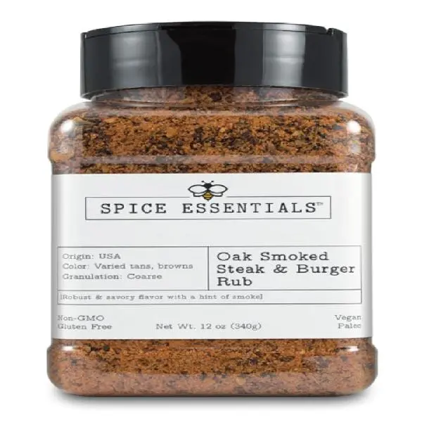 Raw Essentials Texas Oak Smoked Steak and Burger Rub - Robust, Savory, and Peppery Blend - Vegan, Paleo, Gluten-Free, Non-GMO - 12 Ounce Bottle